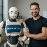 Crea una imagen de una persona que se apoya de un robot como