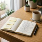 Cuando todo parece importante, necesitas claridad antes de avanzar Open notebook with sticky notes on a wooden desk beside a cup of coffee and a laptop; plants by the window in soft light.