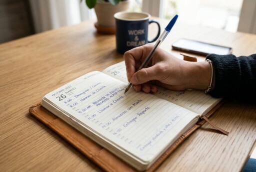 Persona escribiendo un siguiente paso concreto en una agenda.