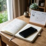 Wooden desk by a sunny window with an open notebook, a smartphone, a May 2024 desk calendar, a small succulent, and pens in a holder.