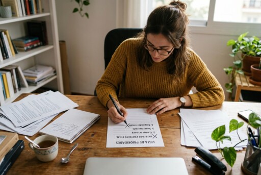 Persona eligiendo una prioridad entre varias opciones escritas en papel.